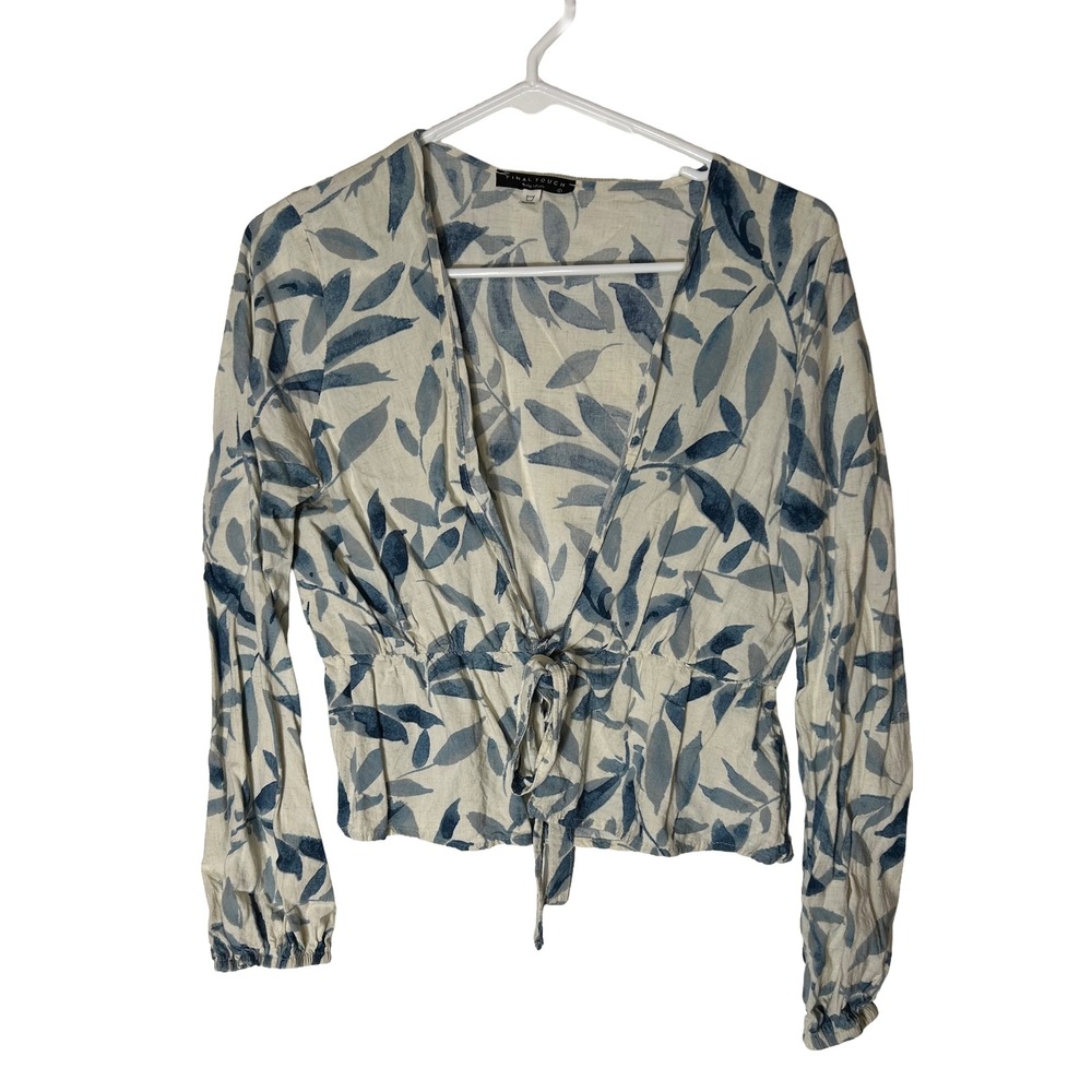 Final Touch Blue Botanical Leaf Print Tie Front Linen Blend Top‎ T16621N L